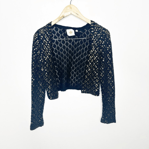 y2k ANTHROPOLOGIE Monogram sequined Cardigan Womens M cropped metallic open - Picture 2 of 8